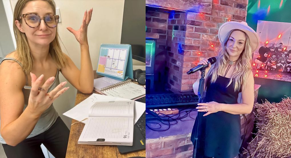 Self-employed musician working on tax admin with spreadsheet and notebooks