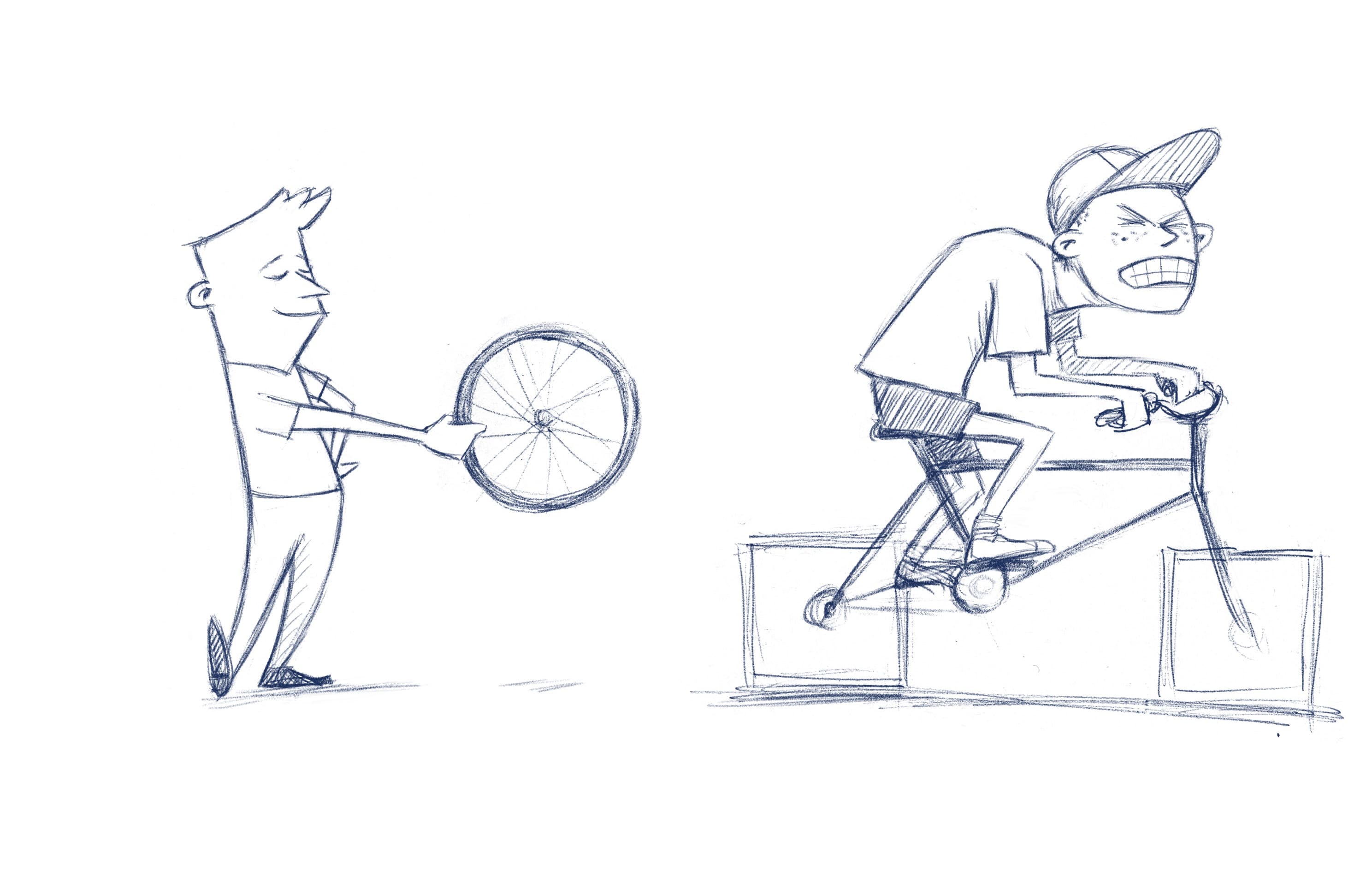 Illustration: Mann schenkt Rad, anderes Kind fährt Quad-Fahrrad. Problem, Lösung, Fahrrad