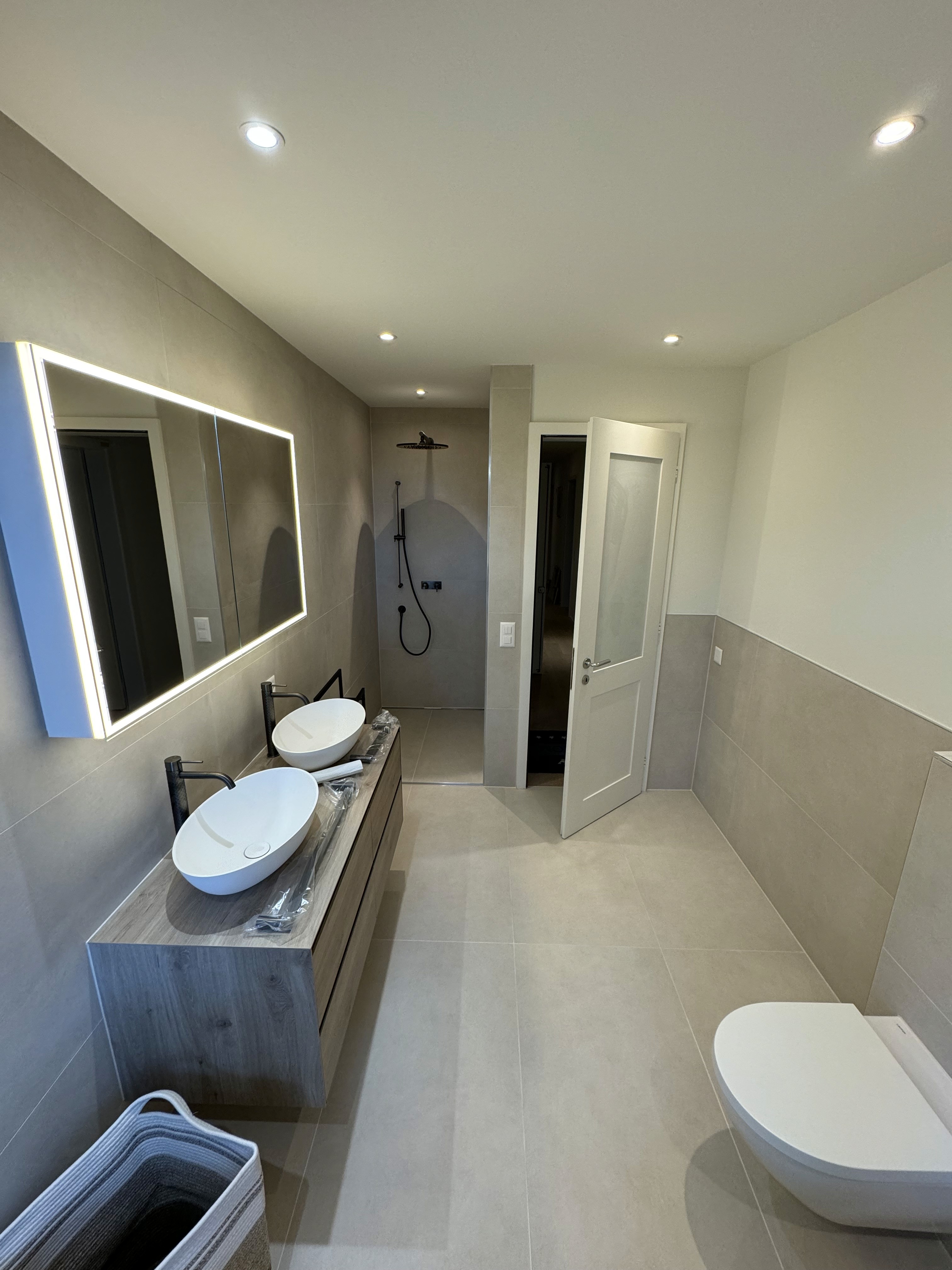 Renovated bathroom: shower and vanity view