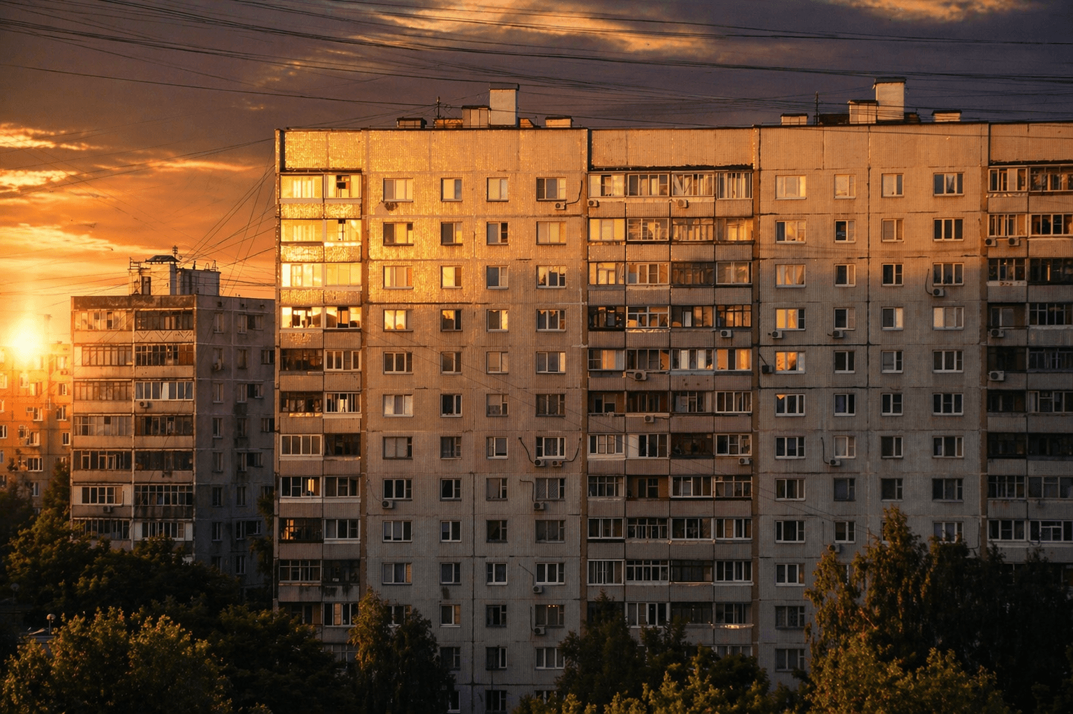 Sunny view on the soviet style buildings