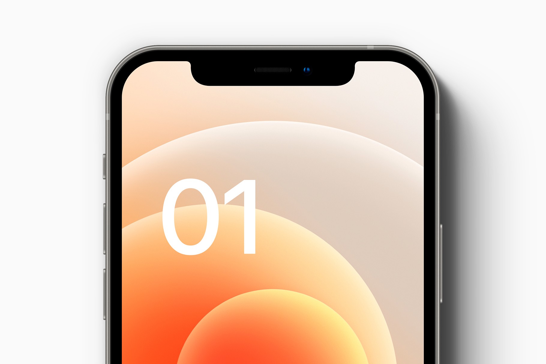 Close-up view of an iPhone 12 mockup with an abstract orange wallpaper.