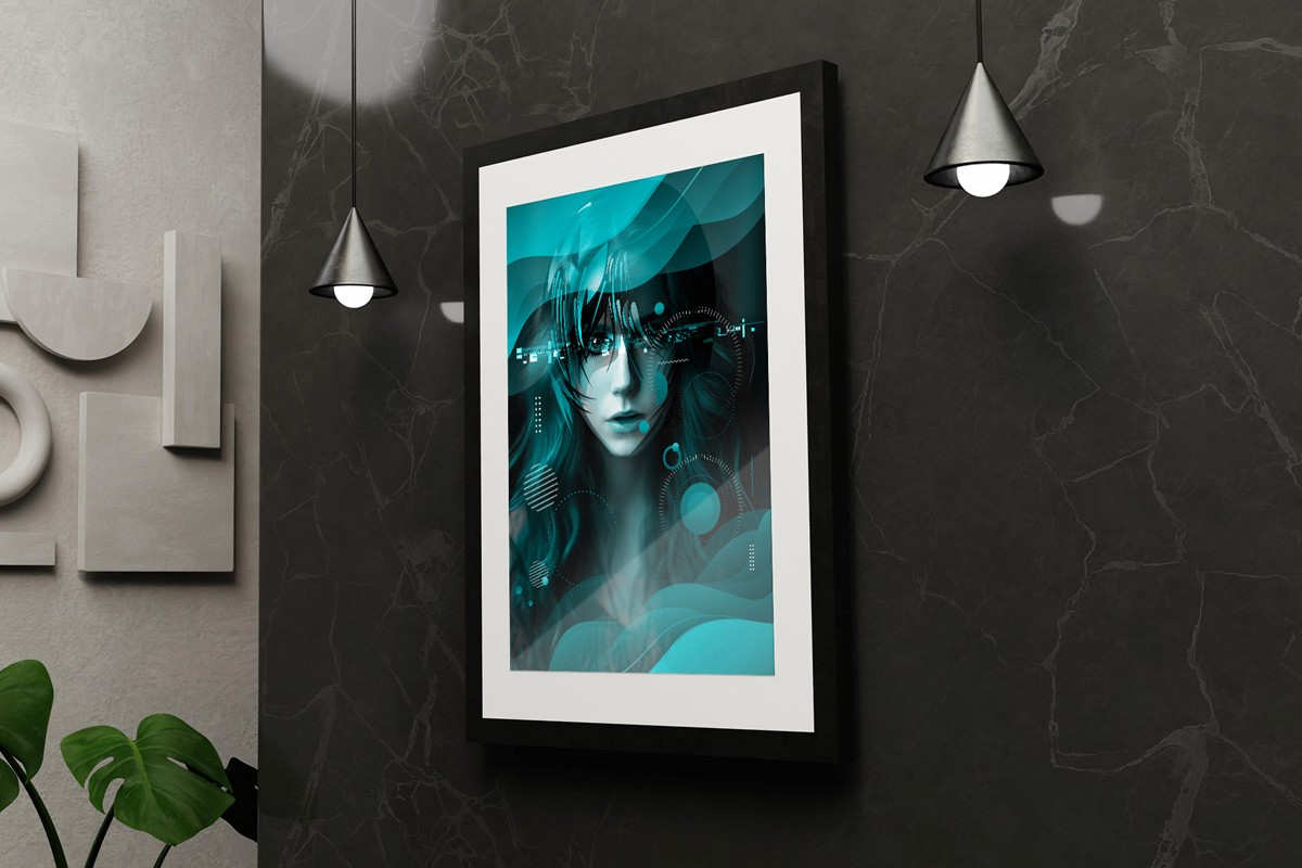 Teal stare art in a frame