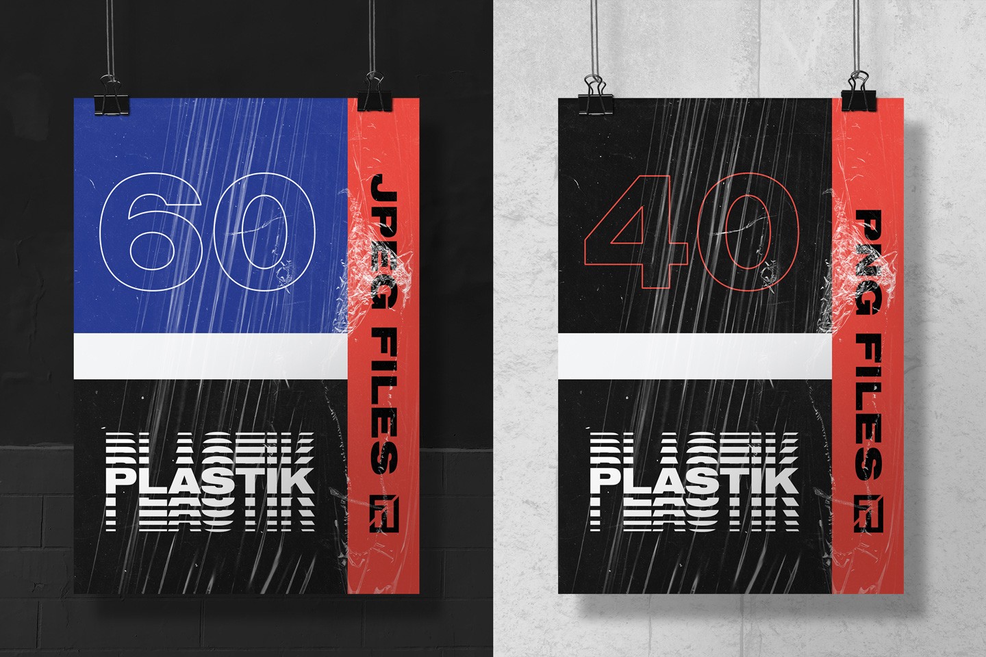 Vertical poster display featuring plastic wrap textures with high resolution wrinkled film and realistic light reflections