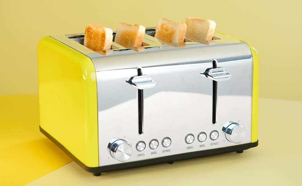 A shiny yellow toaster with chrome accents features four slices of golden brown toast, all set against a bright yellow background.