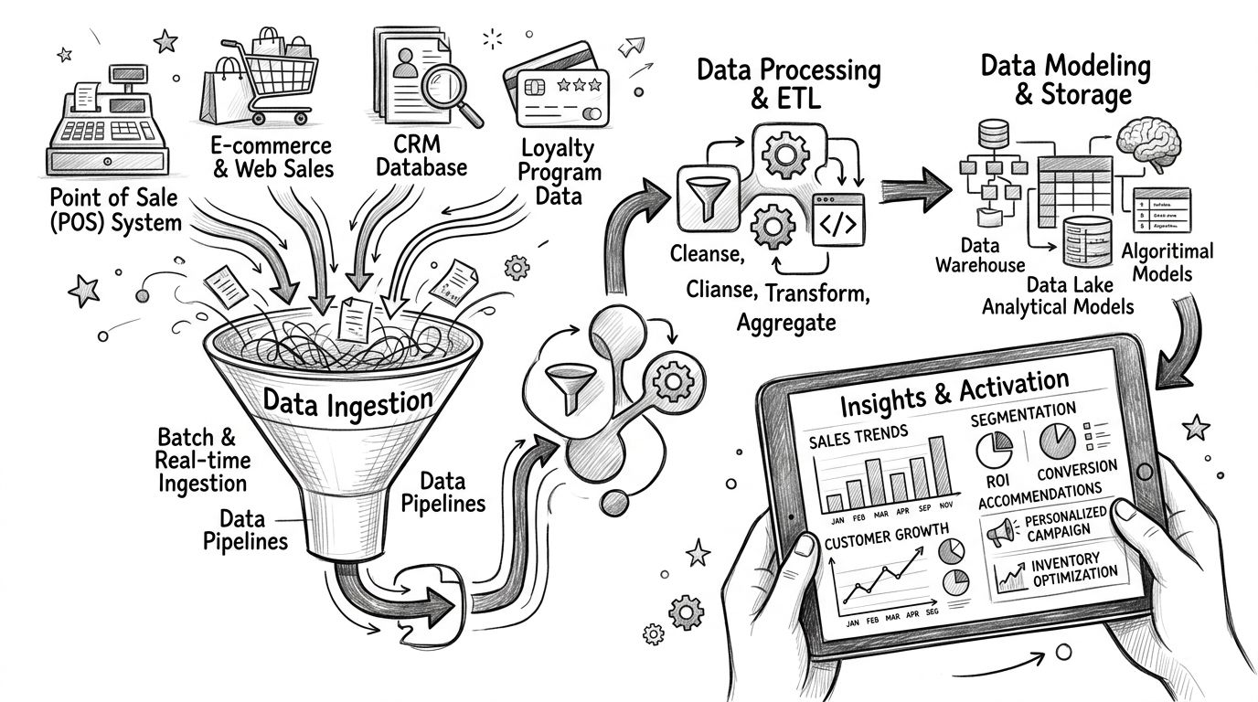 An illustration showing how retail data flows from POS and web systems into actionable business intelligence insights.