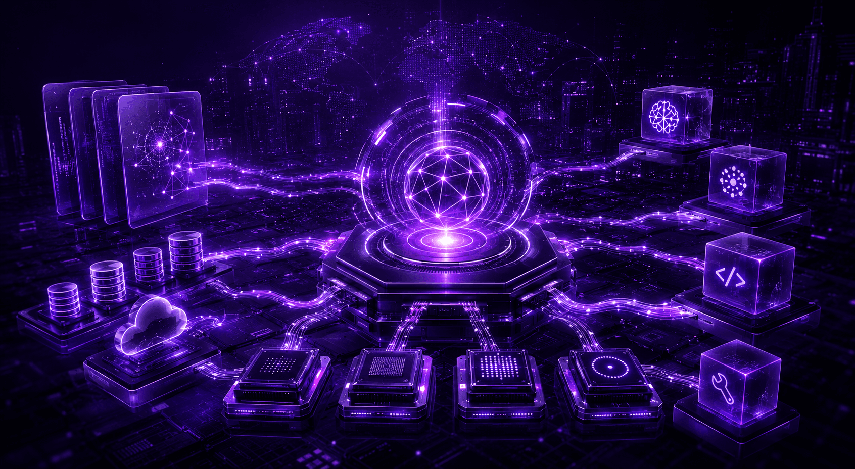 Futuristic purple-toned AI orchestration network visualizing a compound AI system with interconnected compute nodes, models, databases, cloud infrastructure, and tool integrations flowing through a centralized orchestration core. The image represents enterprise AI agent harnesses, deterministic workflows, hardware-agnostic infrastructure, and multi-model orchestration across distributed systems.