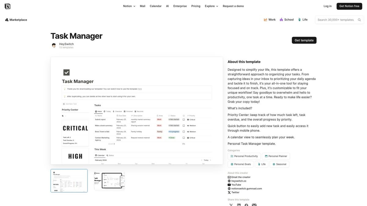 7 Best Notion Planner Templates to Organize Your 2025 - Task Manager by HeySwitch (Free)