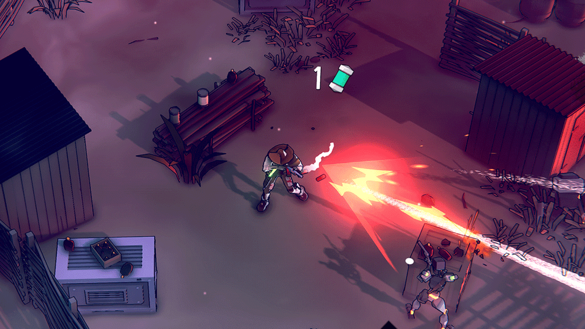 Top-down stylized game scene showing a character firing a weapon at enemies in a small village environment.