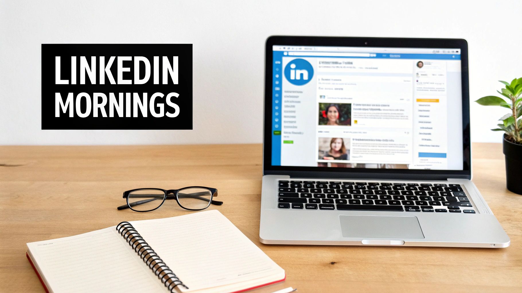 A clean desk setup with a laptop showing LinkedIn, an open notebook, glasses, and a 'LinkedIn Mornings' sign.