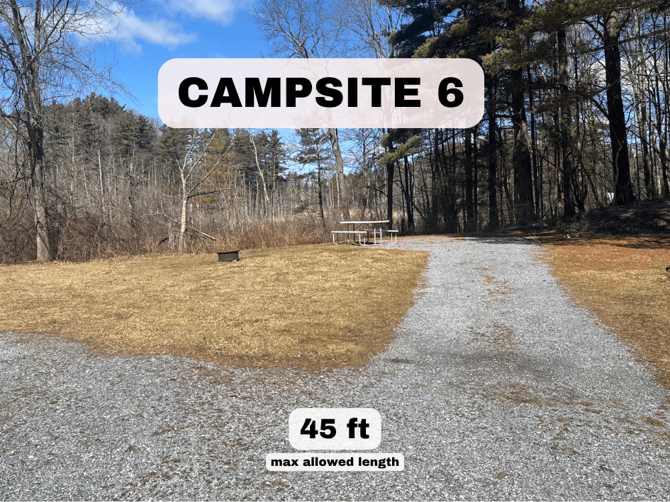 Gravel RV site 6 with picnic table. Text: Campsite 6, 45 ft max allowed length.
