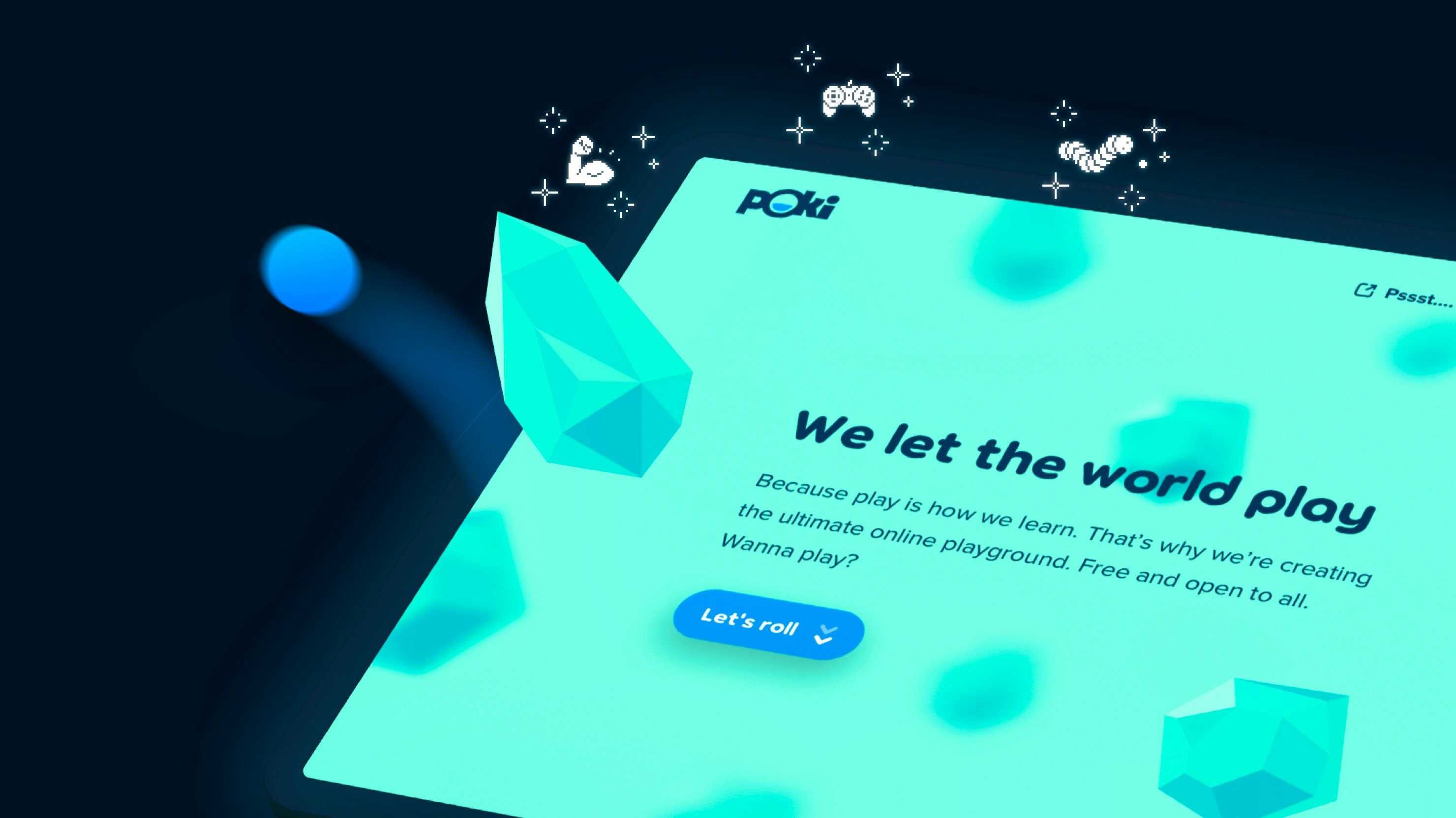 Poki — tilted monitor displaying the Poki gaming website homepage against a dark background with 3D game character elements — Soda Studio case study