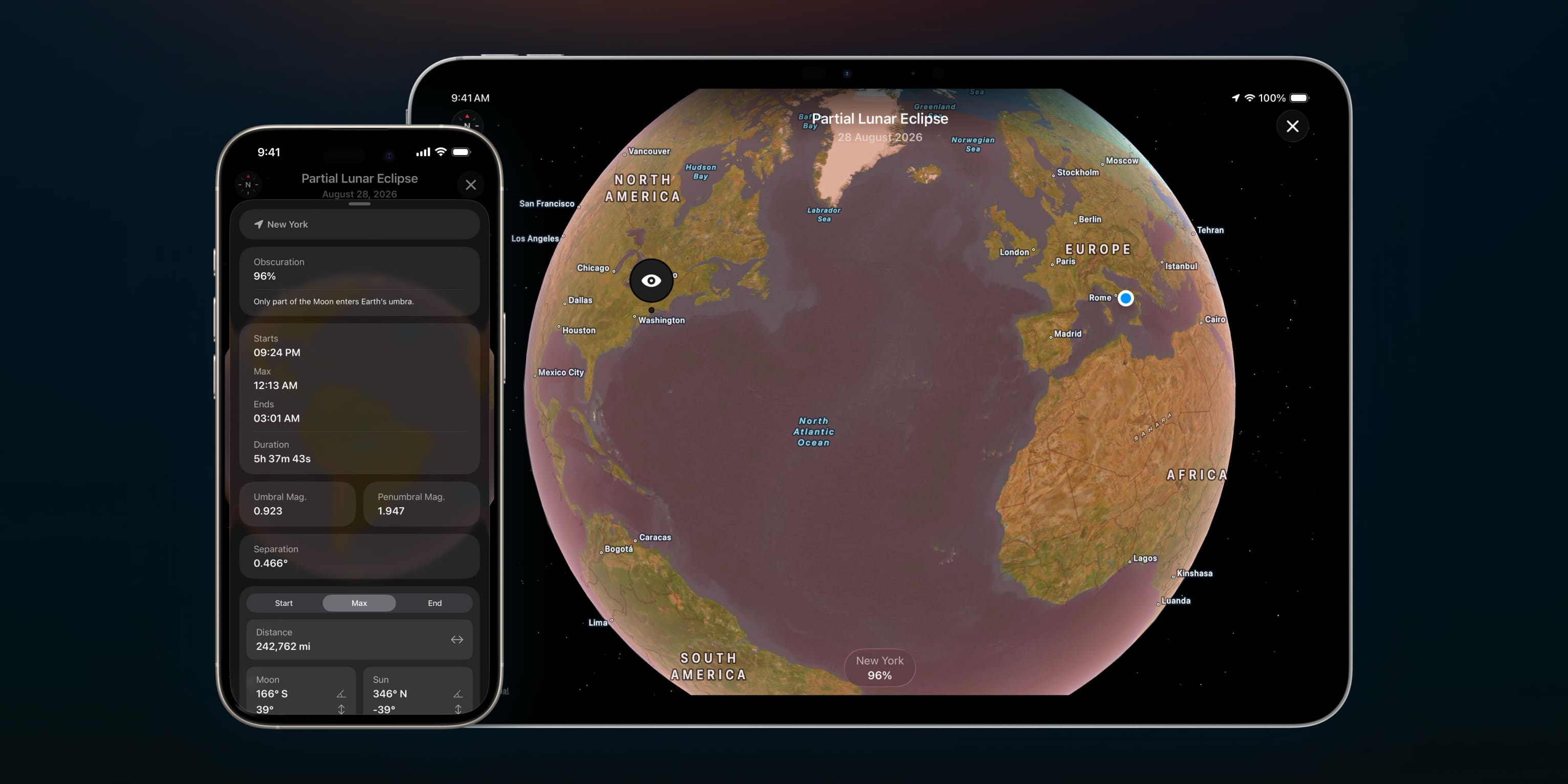Map page of Moonlitt App. Annular Solar Eclipse 17 February 2026