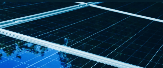 Solar panels with trees in reflection.