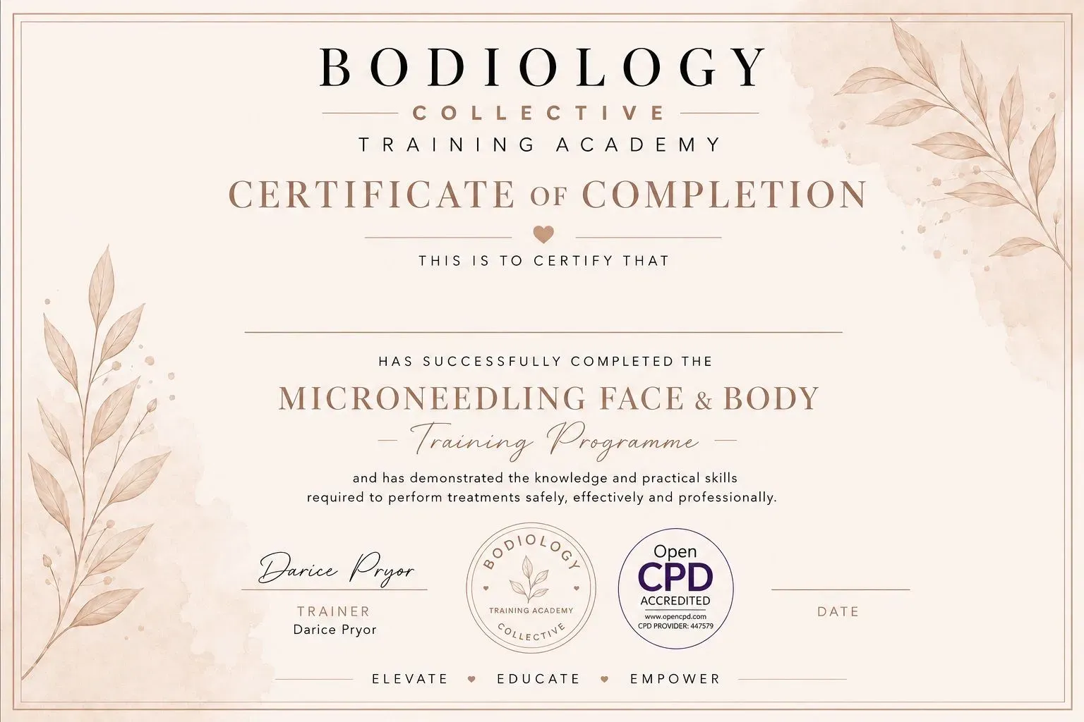 Blush pink certification of Bodiology Collective Training