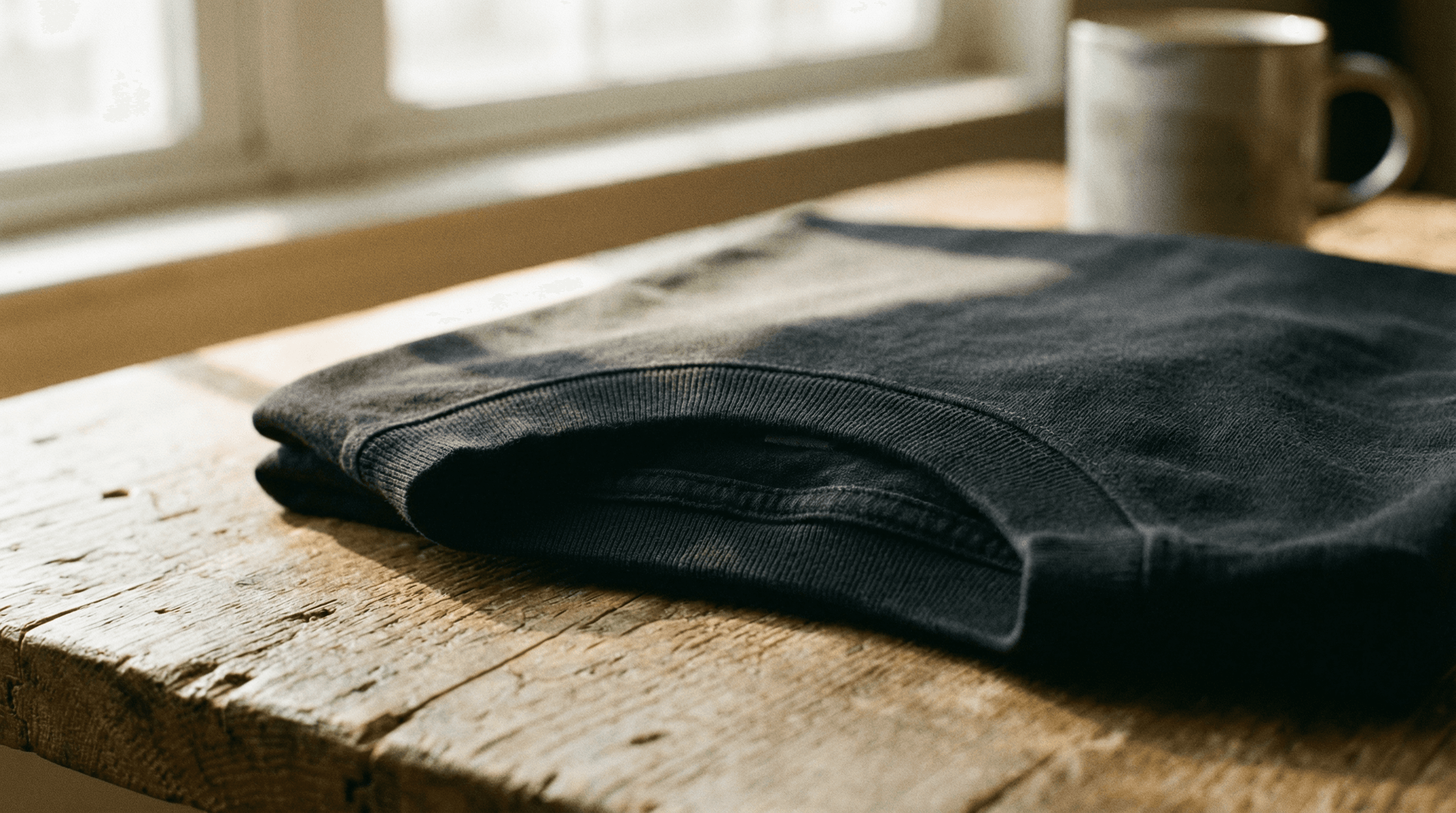 A close-up of a garment-dyed crew neck t-shirt in vintage black, folded neatly on a raw wood surface, with the high ribbed collar visible, lit by warm natural light from a window, editorial and tactile.