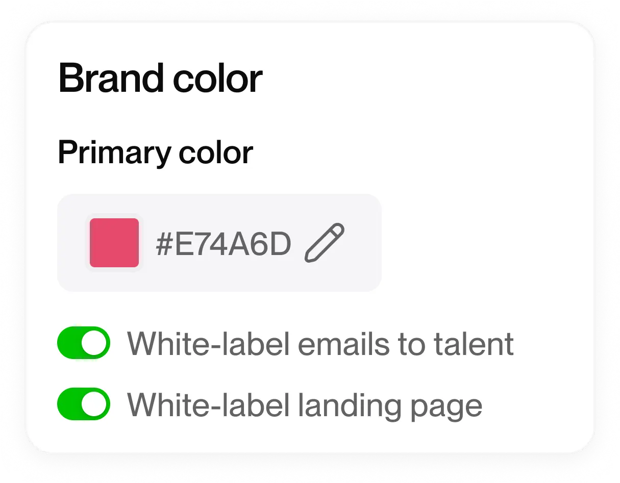 Brand color settings showing primary color #E74A6D with toggles enabled for white-label emails to talent and white-label landing page.