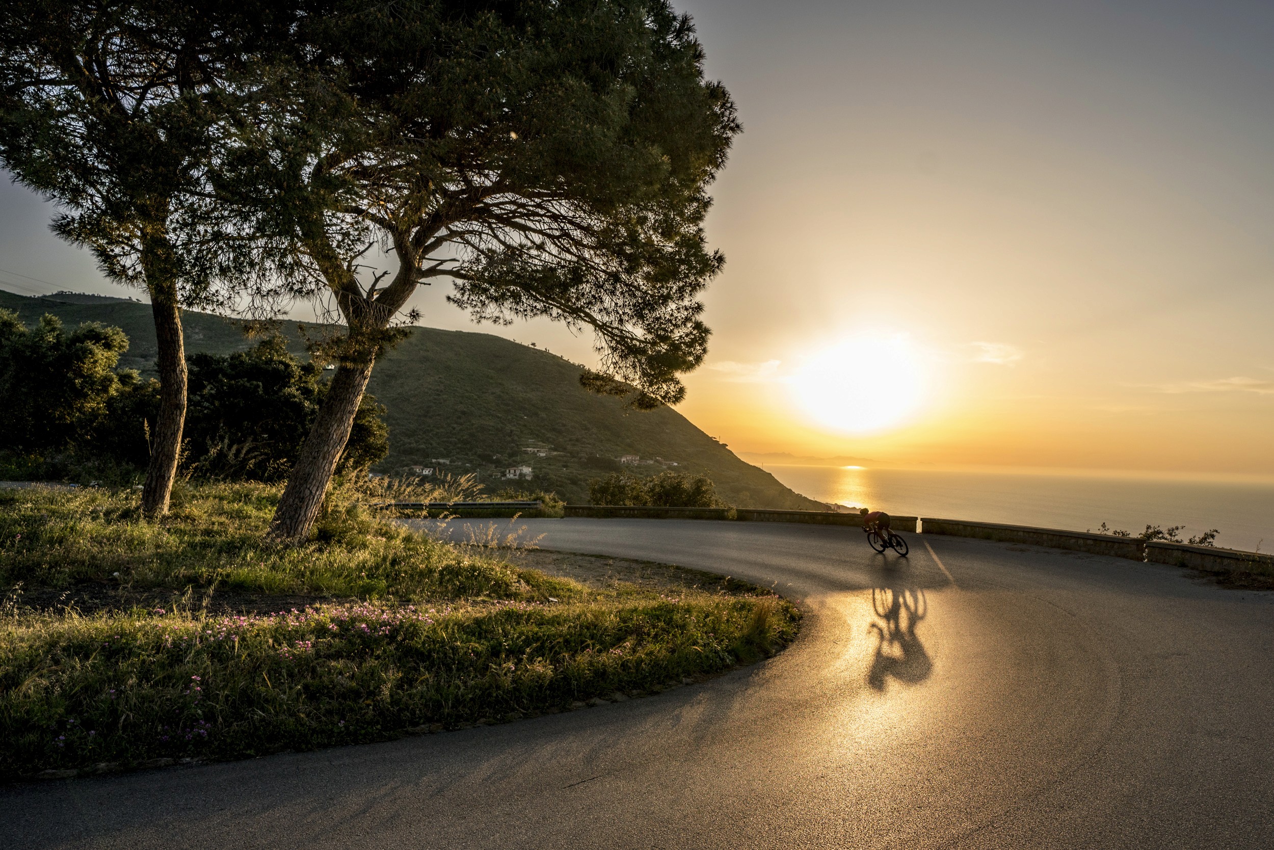 Cyclist at sunset with shadow on road