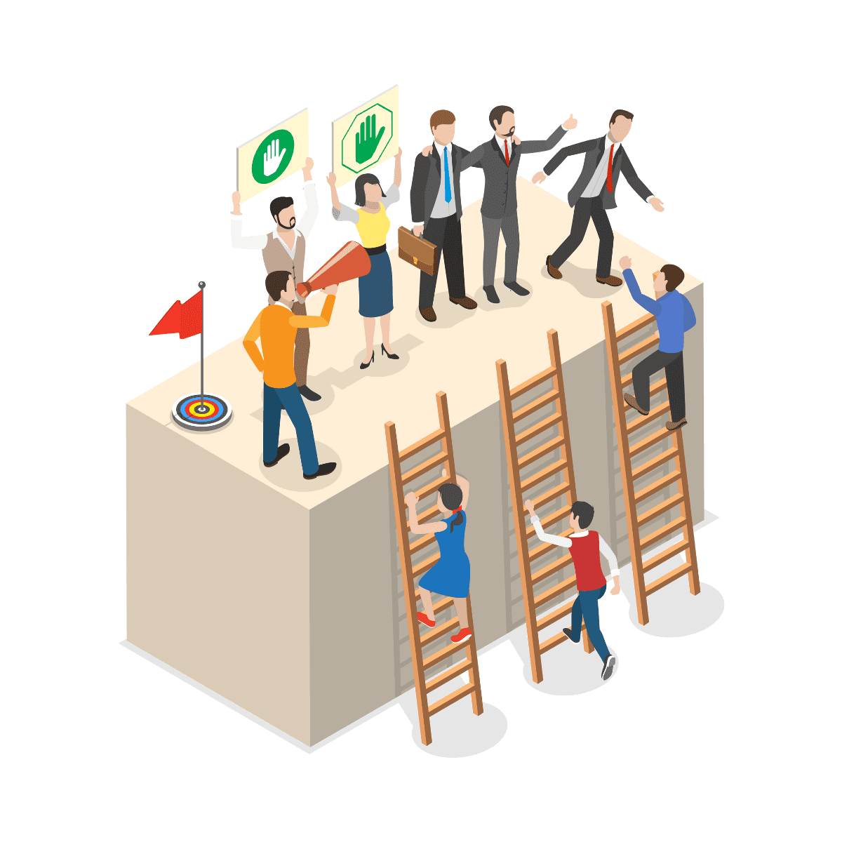 llustration of a group of people standing on top of a large block with ladders on one side. Some individuals are helping others climb up, while a person with a megaphone stands near a target with a red flag. Others hold up green signs with hand symbols.