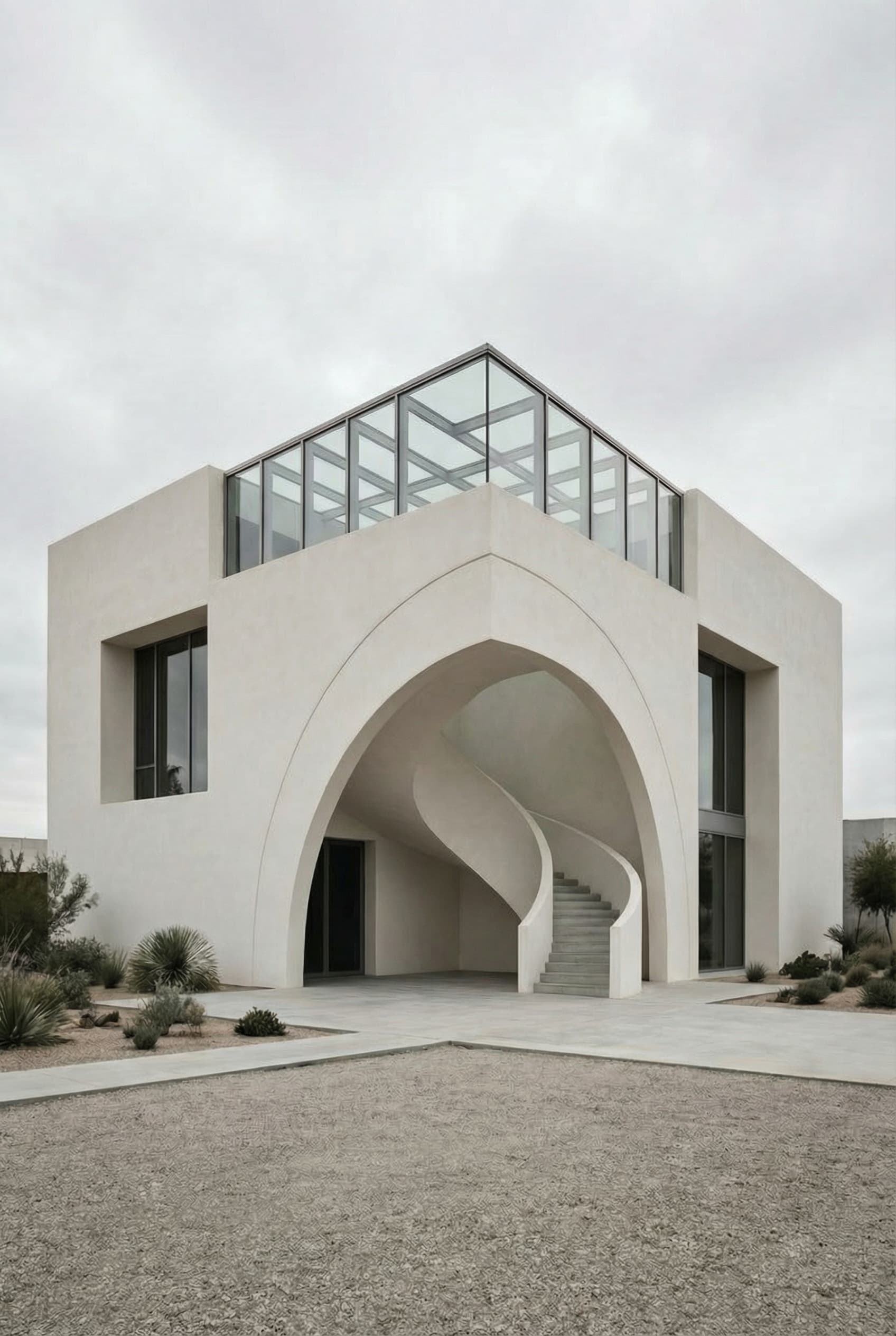 A minimalist two-story white stucco building featuring a large geometric archway that houses a sculptural spiral staircase and a glass-enclosed rooftop terrace.  Interiors & Sculptural