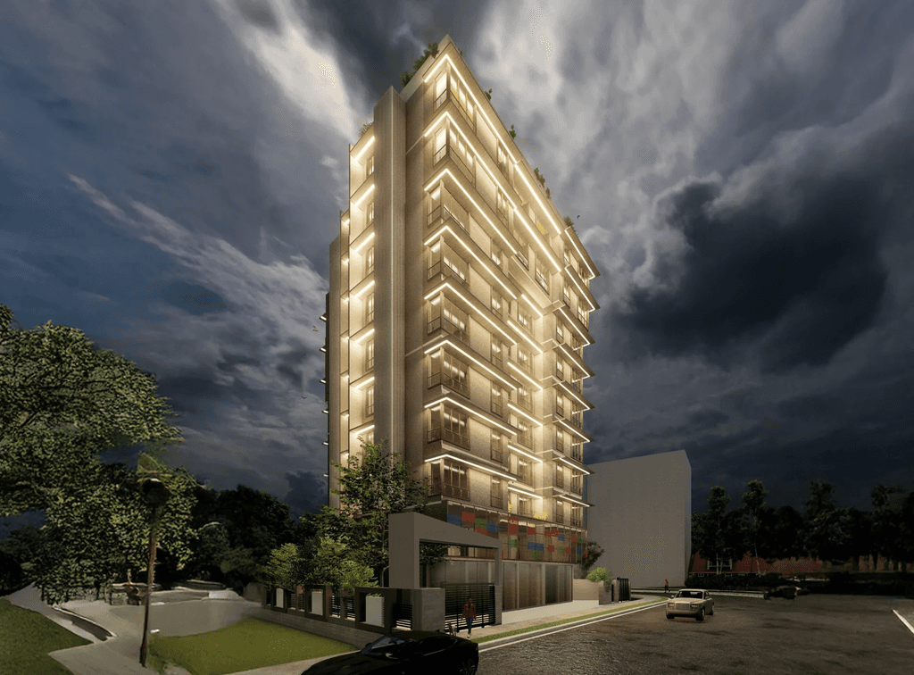 Modern residential building with stepped terraces, glass railings, and rooftop greens