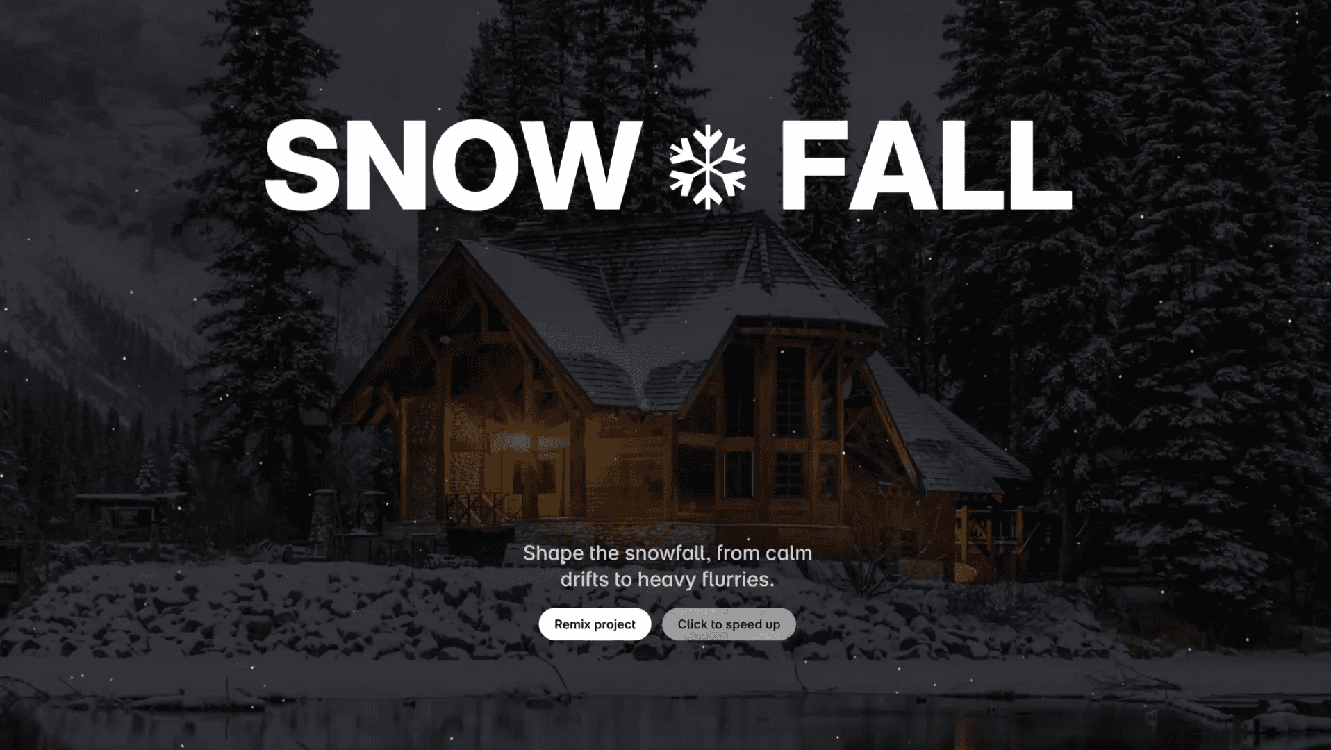 Snowfall animation effect with winter cabin background scene