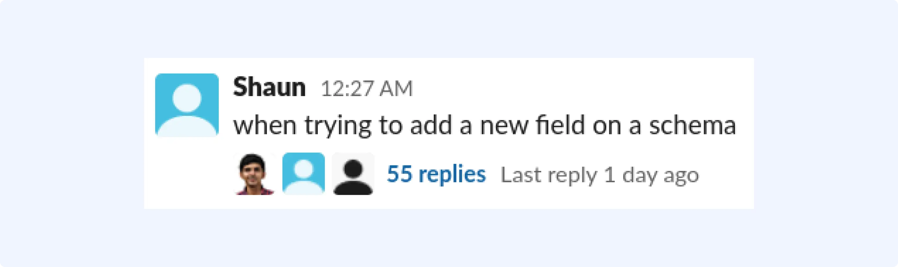 Screenshot of Slack's reply feature with 55 replies hidden from view