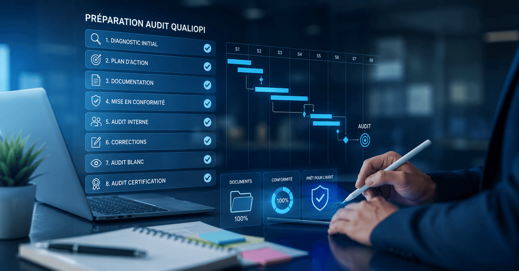 Illustration d'une préparation méthodique à l'audit Qualiopi avec documents, checklist et étapes de certification. Découvrez les bonnes pratiques pour réussir votre audit du premier coup.