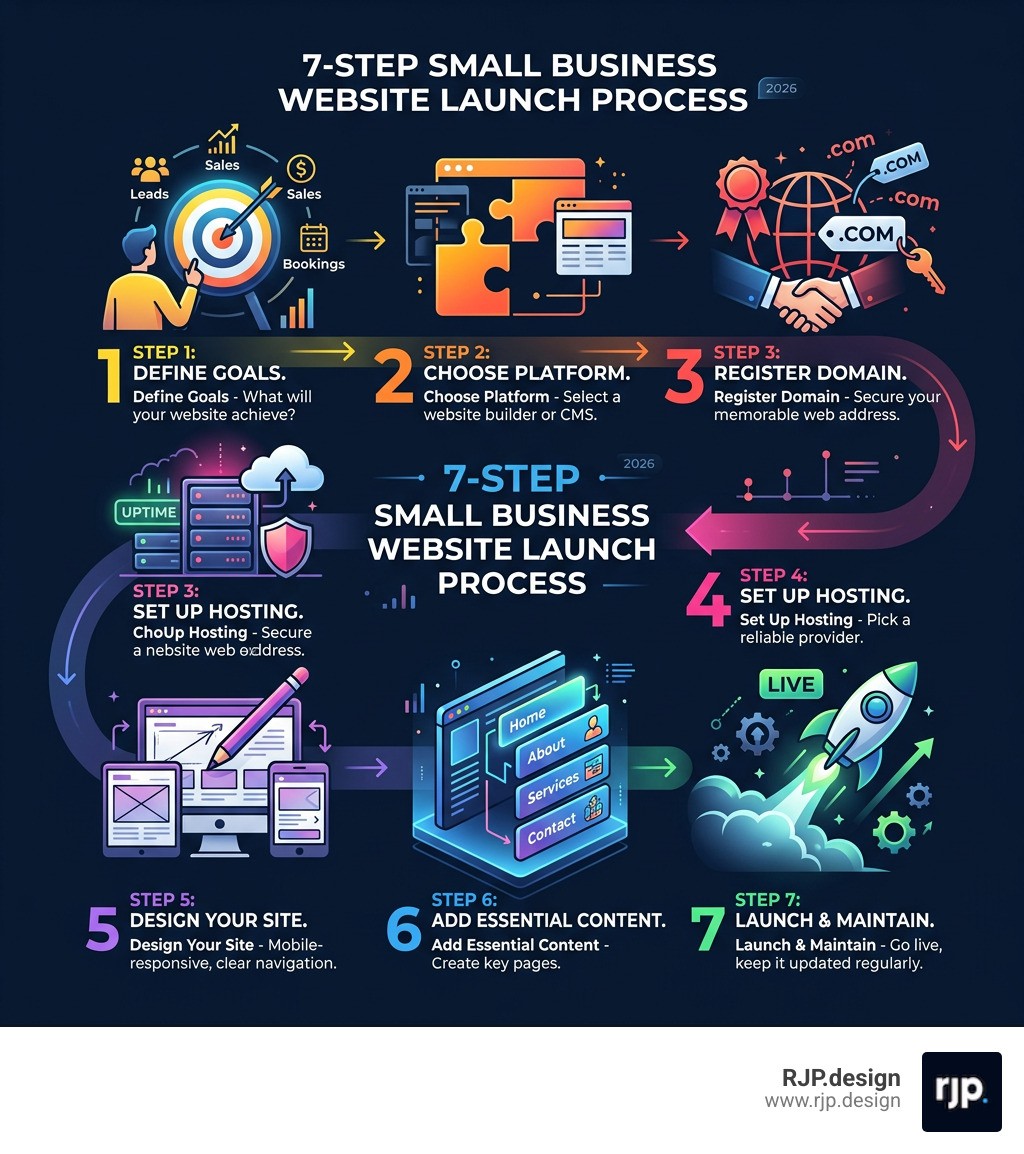 7-step small business website launch process infographic showing goals, platform, domain, hosting, design, content, launch