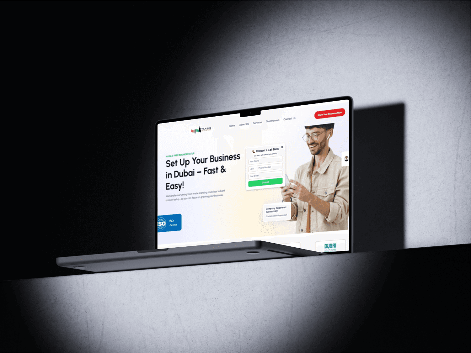 Framer website design for UAE-based business setup company Taasis with bilingual layout and lead generation sections