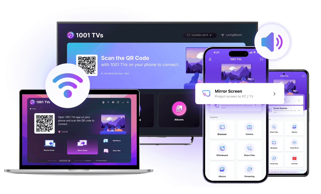 1001TVs screen mirroring app connecting phone, laptop, and TV with QR code setup