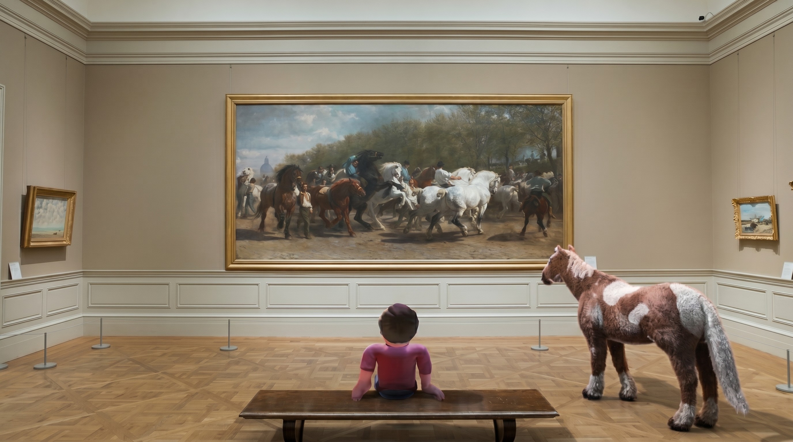 A Roblox character comtemplating The Horse Fair by Rosa Bonheur at The Met