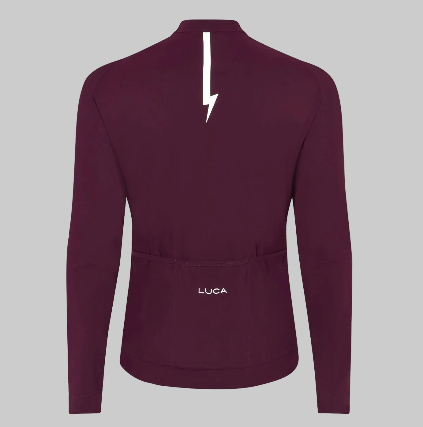Back-view-of-a-burgundy-long-sleeve-cycling-jersey-with-white- lightning-bolt-graphic-on-the-neck- and-the-LUCA-logo-above-the-rear- pockets