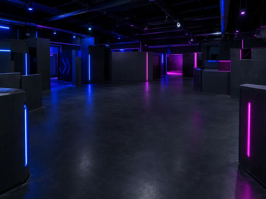 Empty laser tag arena with blue and violet light strips behind the anny calendar