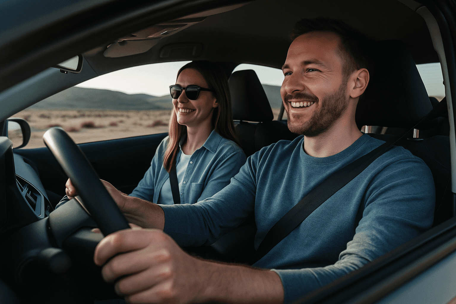 Two happy men driving a sportscar with a joyful expression, ideal for car rental adventure promotions