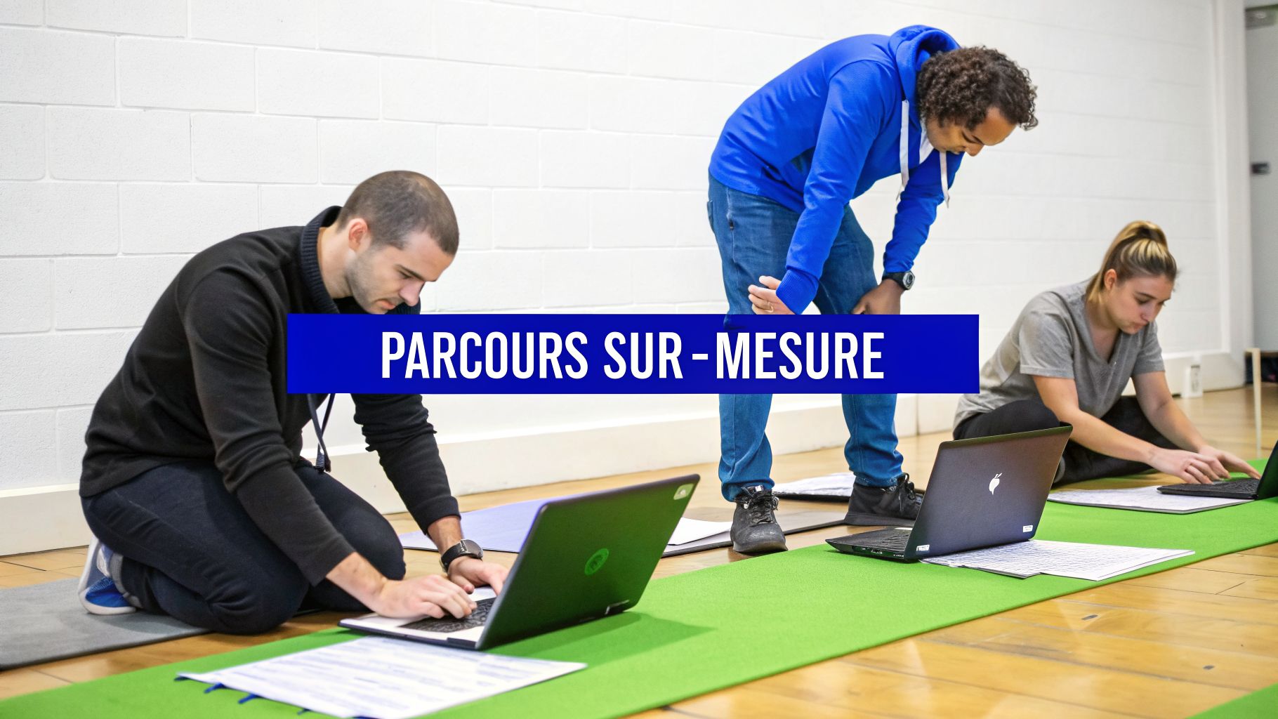 Trois personnes, deux hommes et une femme, travaillent sur des ordinateurs portables posés sur le sol, lors d'une session de formation. Une bannière bleue indique 