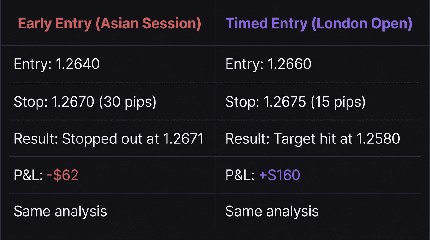 Comparison diagram showing an early entry that gets stopped out versus a well-timed entry after the London open sweep