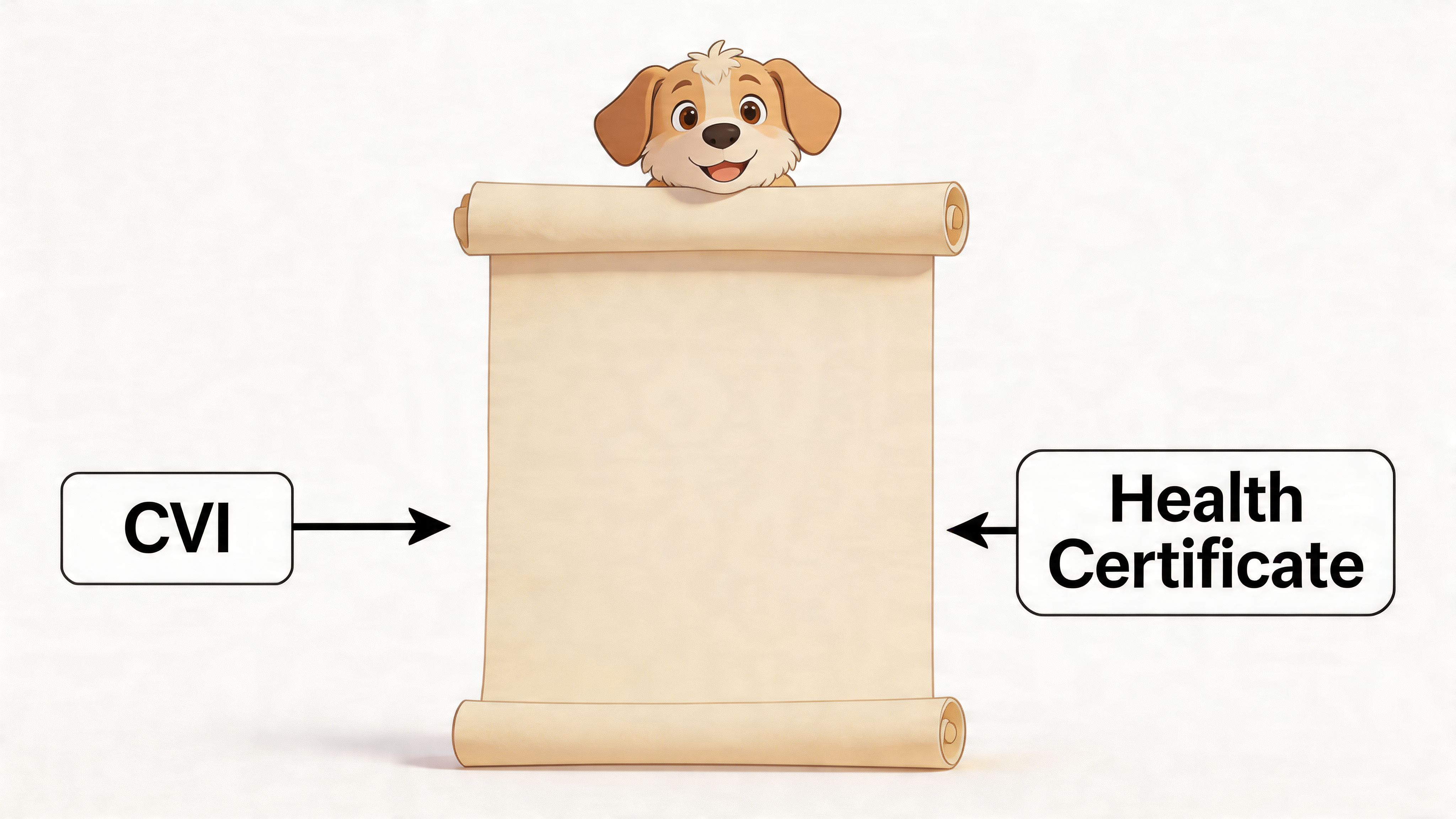 A cute cartoon puppy looking over an empty paper scroll with labels for CVI and Health Certificate.