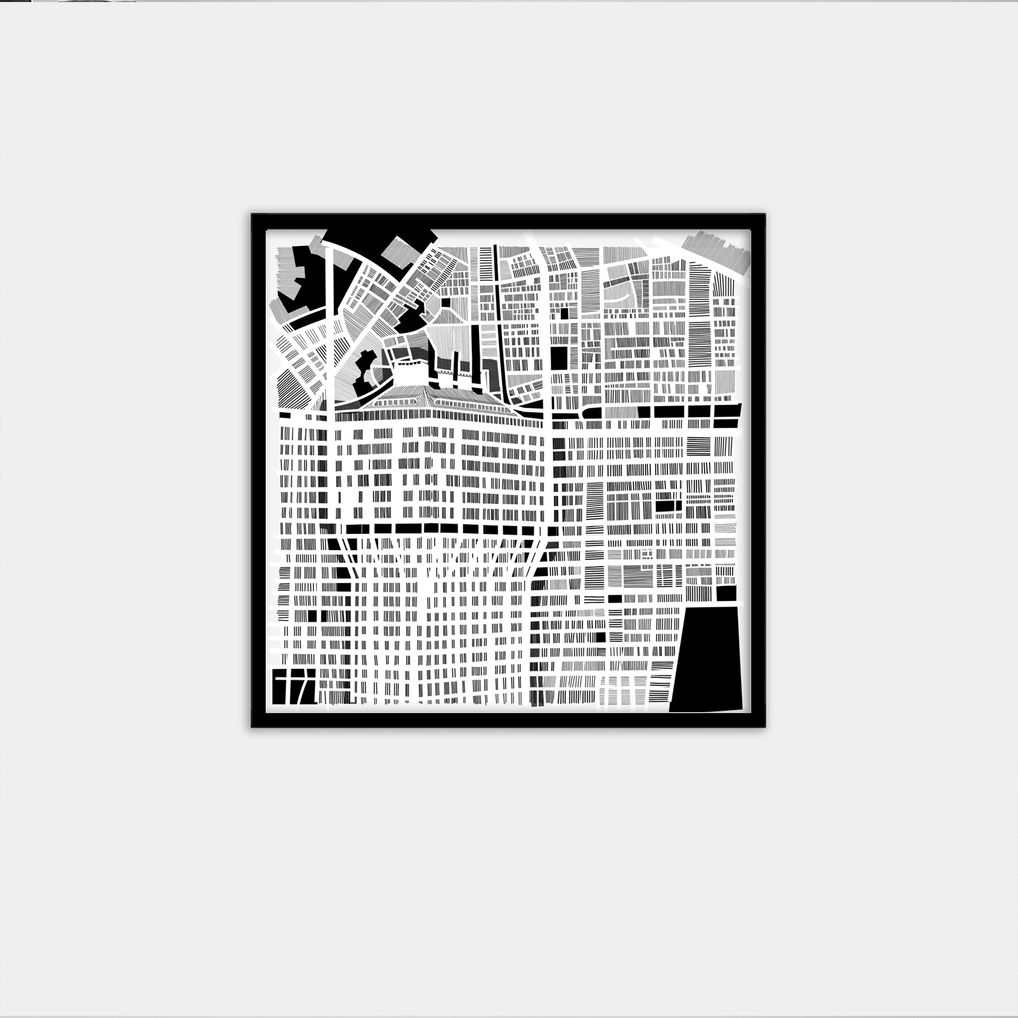 A geometric,vector digital artwork representing Torre Velascain Milan, printed and framed