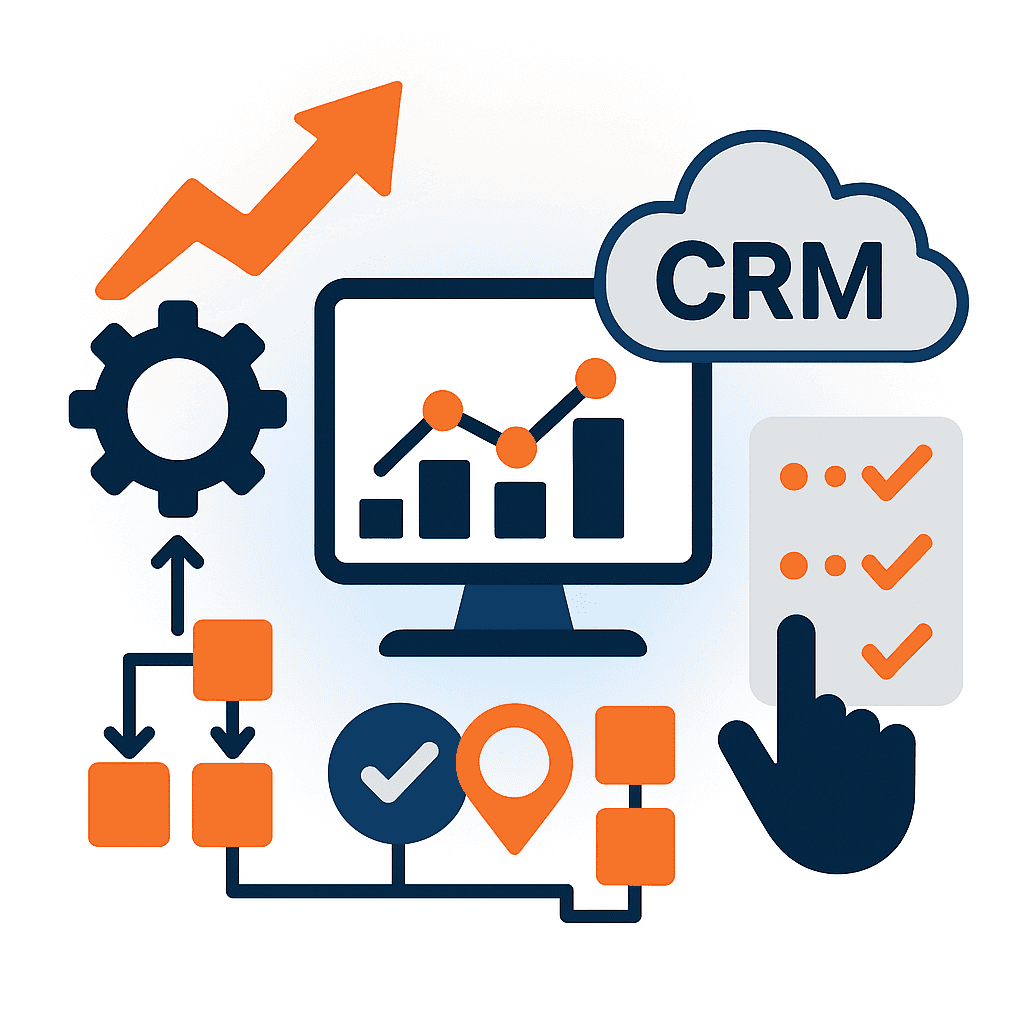 Flat-style illustration showing CRM integration and scalable processes, featuring a computer with analytics, a CRM cloud icon, workflow diagrams, automation gears, checklists, and an upward growth arrow to represent streamlined operations and system efficiency.