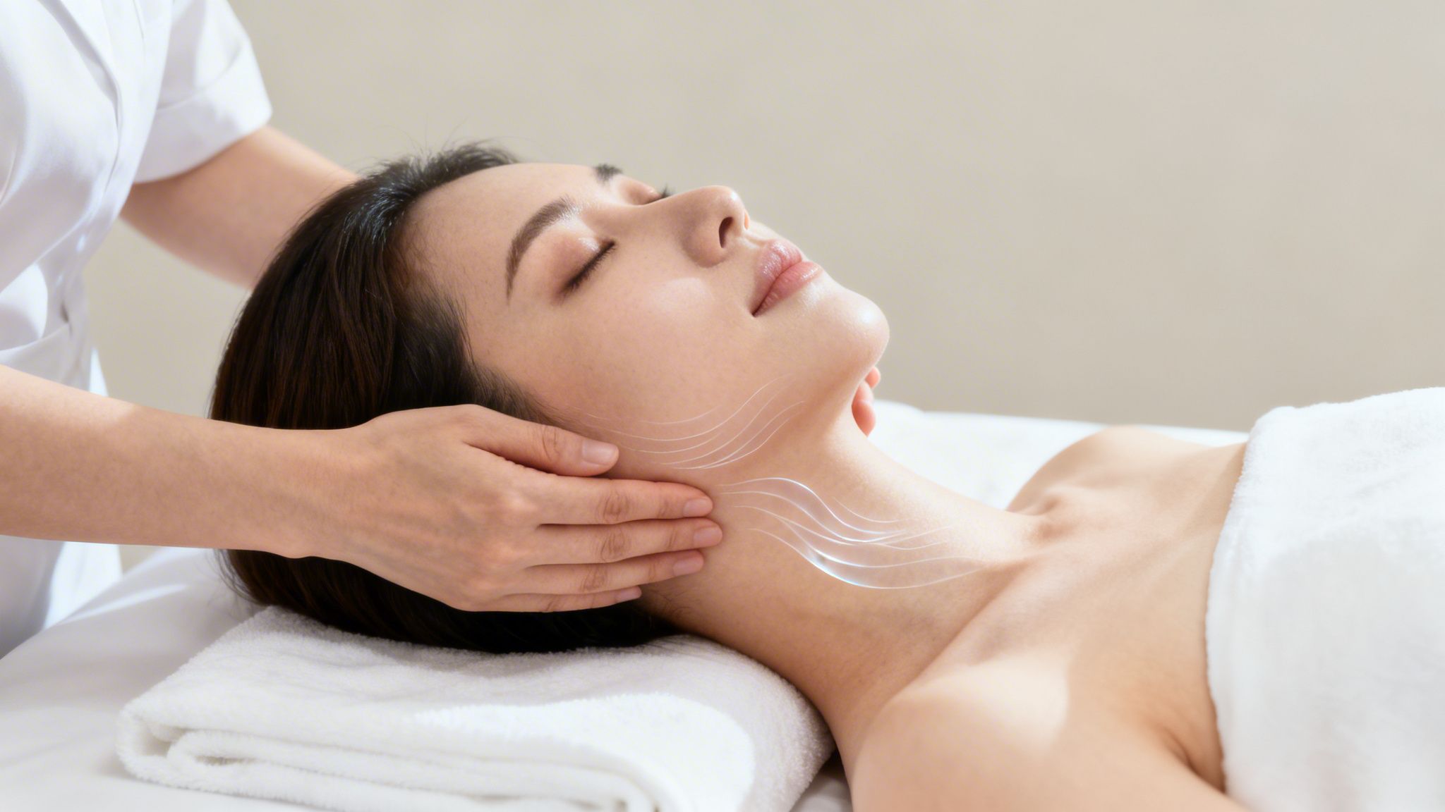 A serene woman receiving a lymphatic drainage massage on her neck and jaw in a spa.