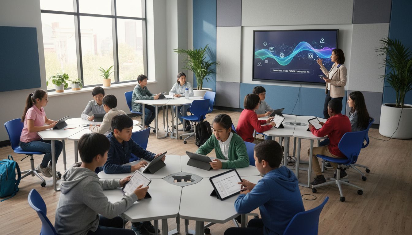 A classroom with students sitting in small groups using tablets while a teacher presents information on a large screen at the front of the room.
