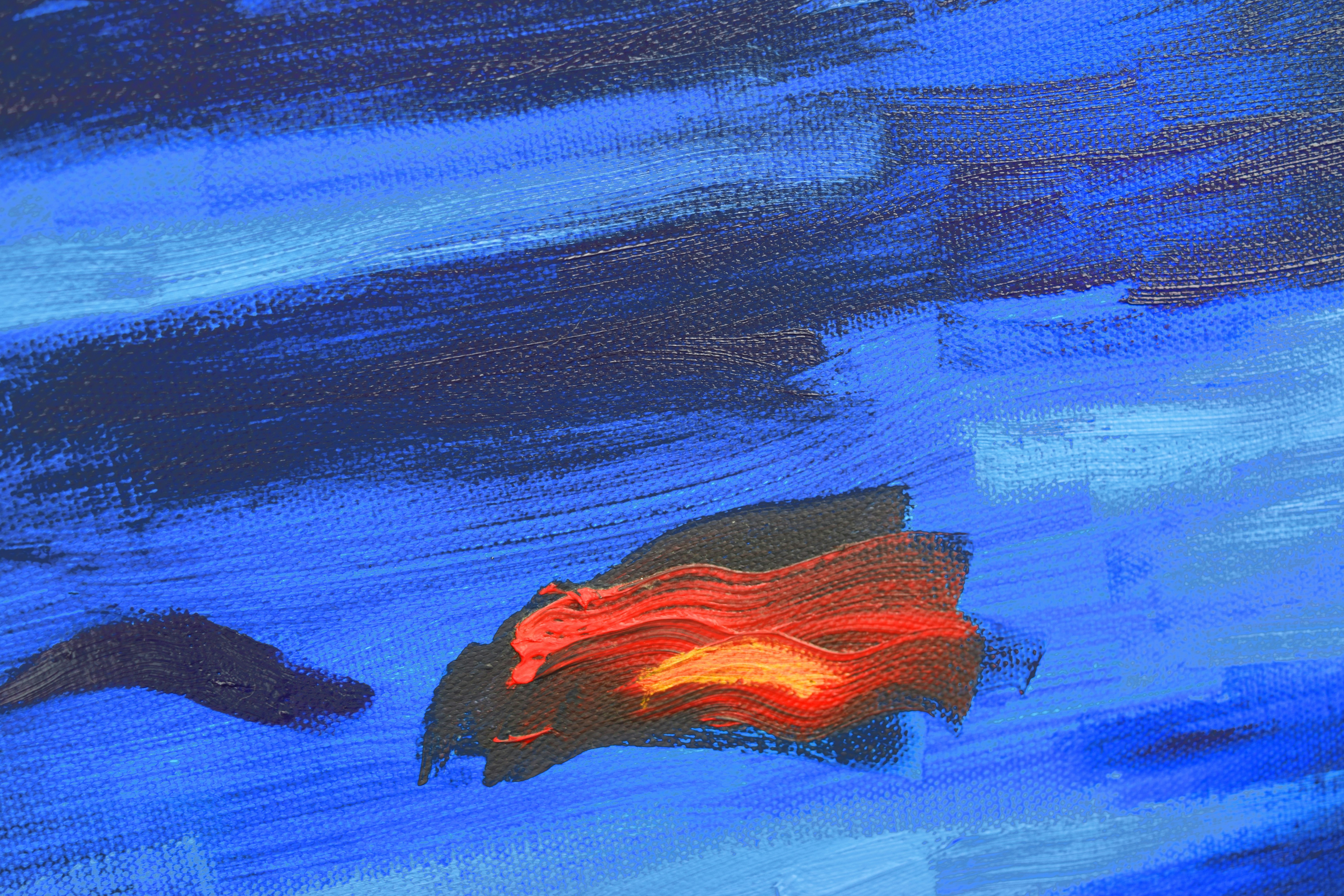 a painting of a red and black object on a blue background