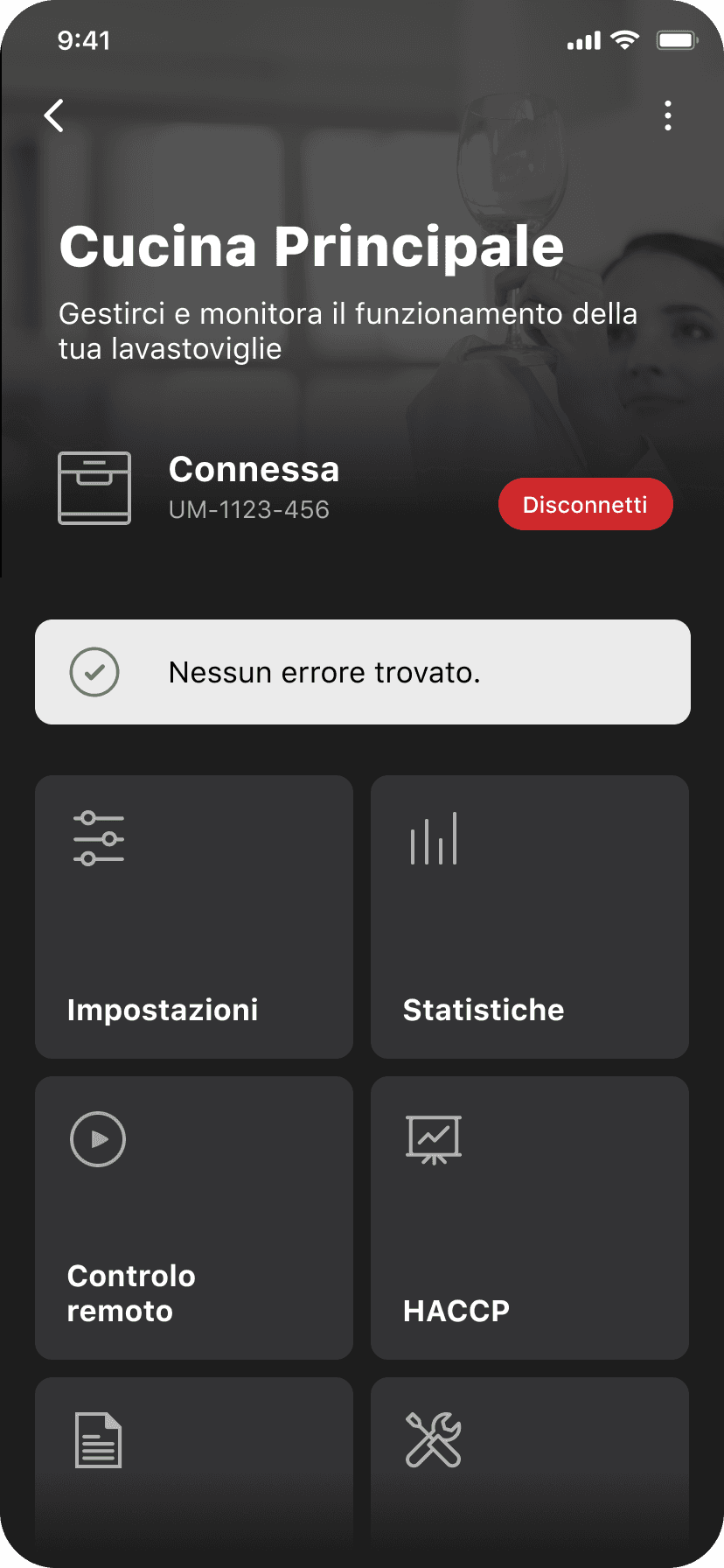 Companion app UI for remote control and monitoring of a professional dishwasher.
