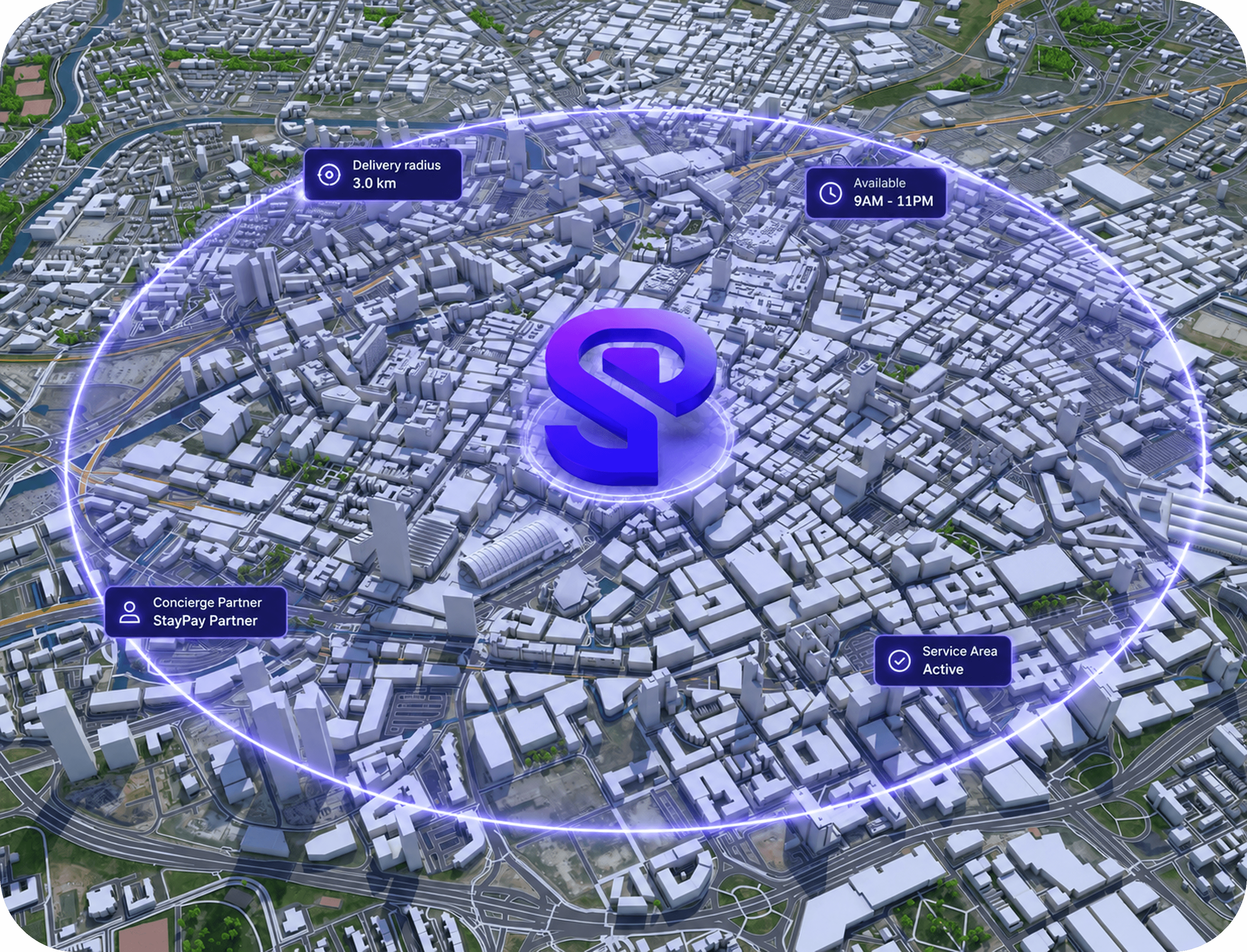 StayPay service area management tools allowing concierge providers to set delivery zones, availability and targeting preferences to reach nearby hotel guests and travellers.