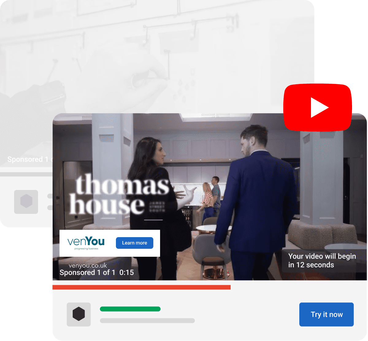 YouTube video ad featuring an advertisement for Thomas House by VenYou, with a 'Learn more' button and a countdown timer before the main video begins