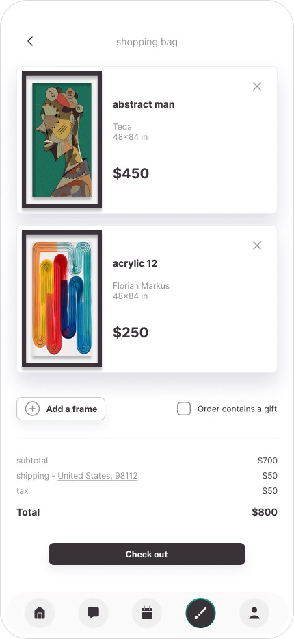 A shopping cart interface filled with two pieces of artwork, ready for checkout.