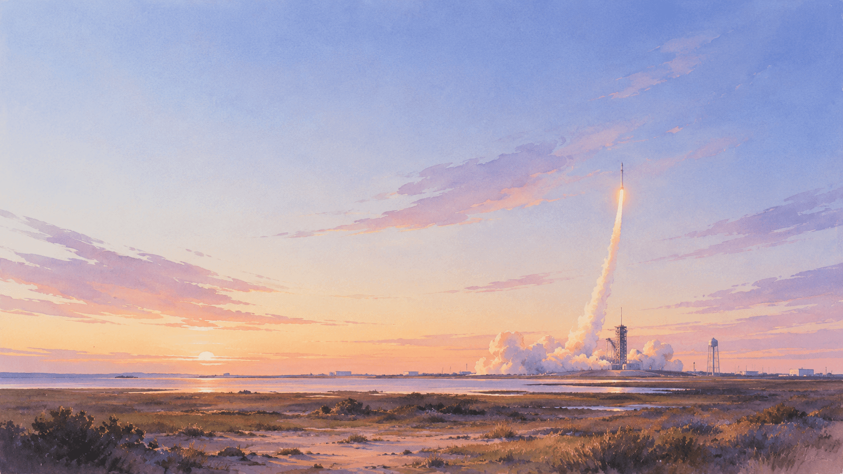 Rocket launch at sunset; concept of CRM, WhatsApp, and IA innovation.