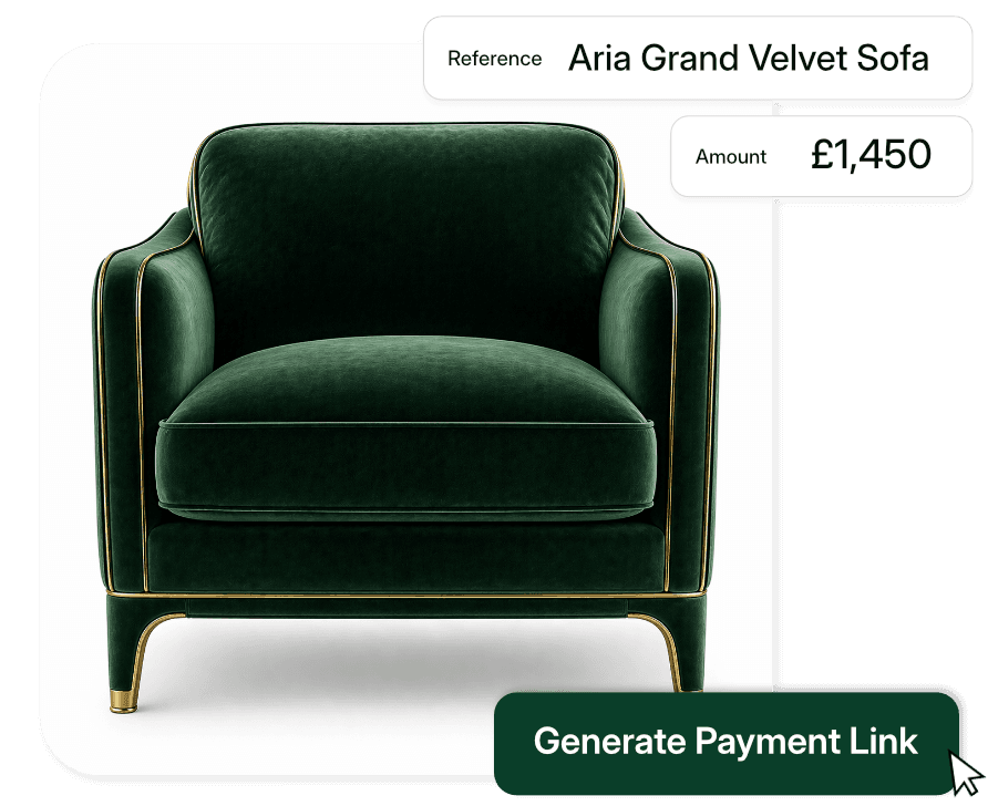 green sofa with a generate payment link button over it