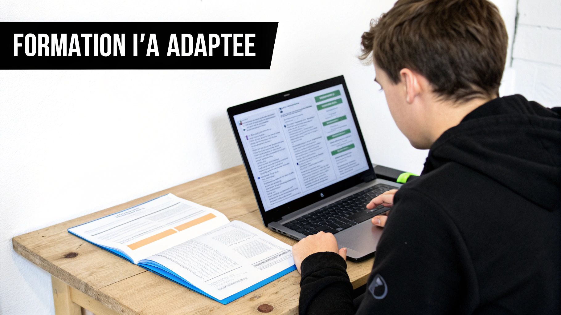 Un jeune homme étudie avec un ordinateur portable et un livre ouvert sur un bureau en bois, avec le texte 