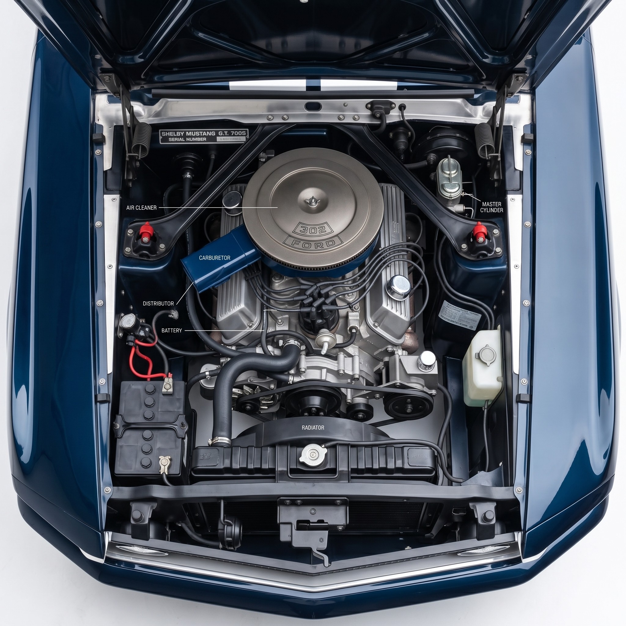 Clean ,polished open hood of a mustang car